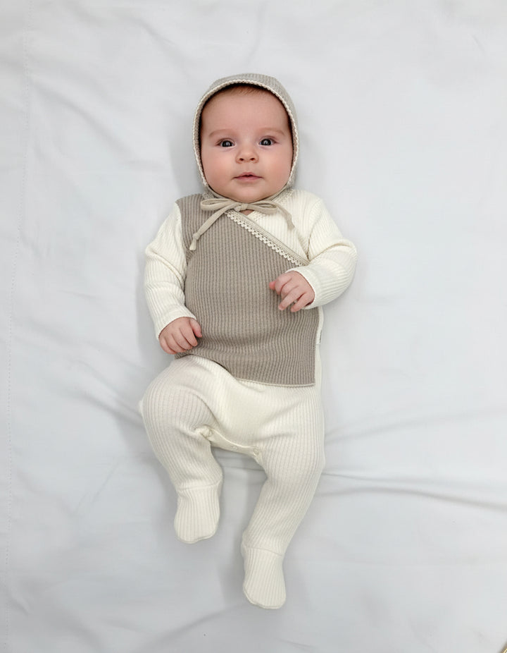 Latte Ivory Rib Baby Footie & Bonnet Set
