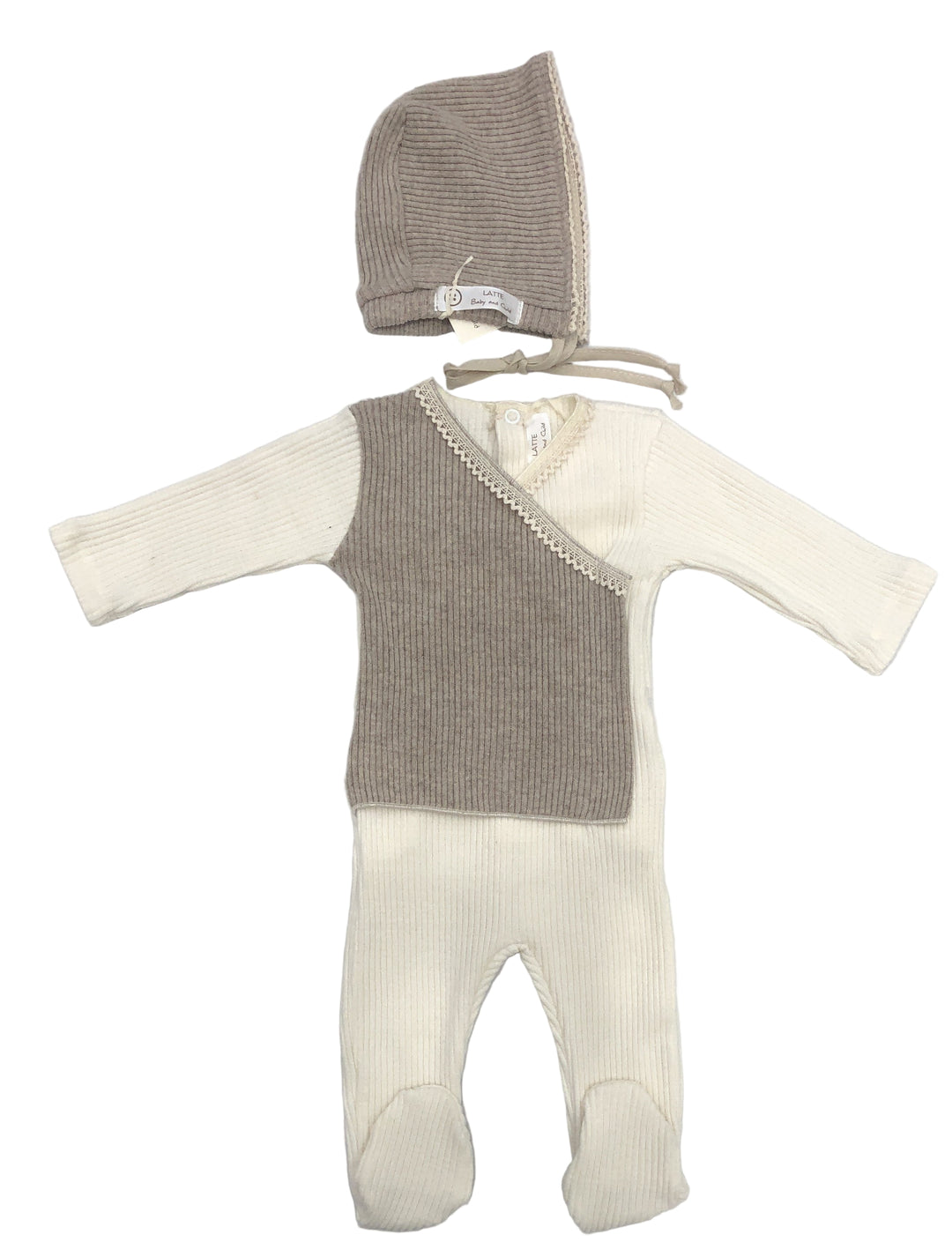 Latte Ivory Rib Baby Footie & Bonnet Set