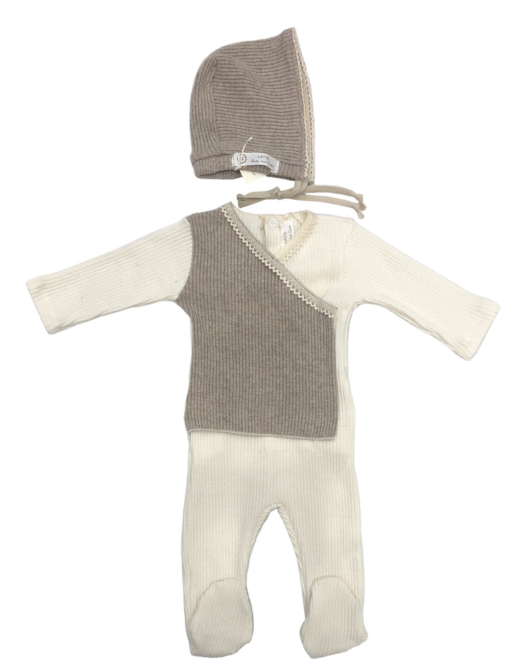 Latte Ivory Rib Baby Footie & Bonnet Set