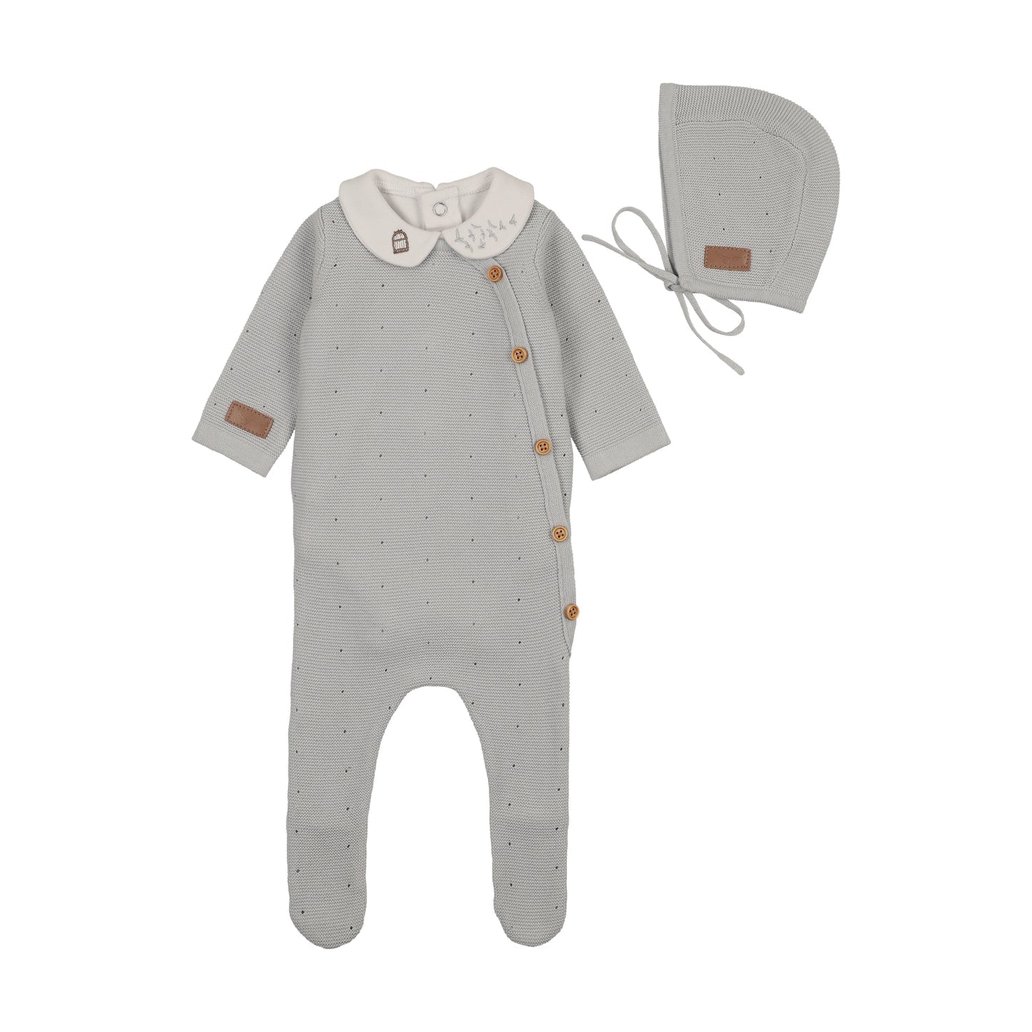 Bee and Dee Leather Knit Footie and Bonnet Dusty Blue Soft Knit Baby Outfit Classic Design