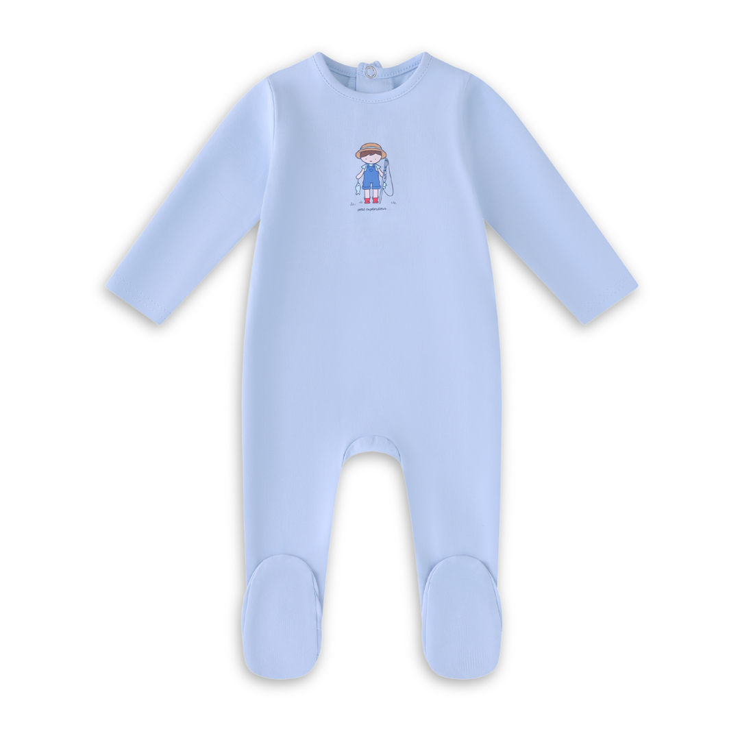 Mini Label Light Blue Fisherman Footie Boys Soft Cotton Baby Footed Onesie Fisherman Print Design