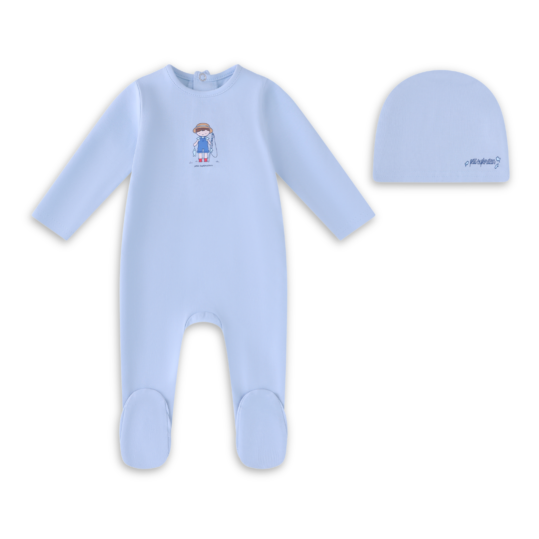 Mini Label Light Blue Fisherman Footie and Hat Boys Soft Cotton Baby Outfit Fisherman Print Design