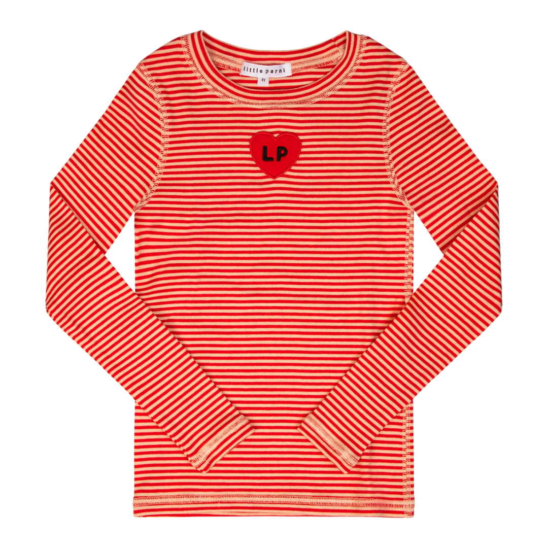 Red and white striped long-sleeve shirt with a heart logo on a white background