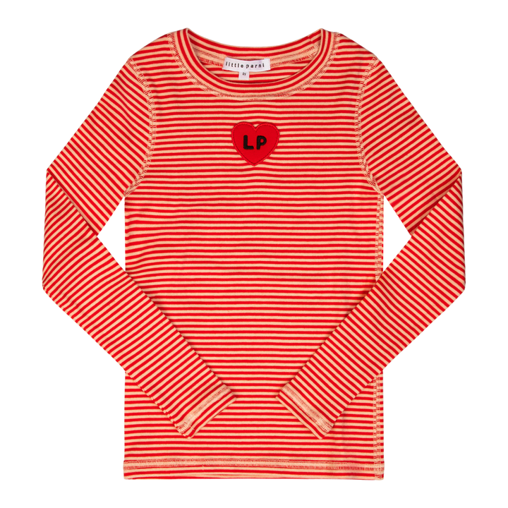 Red and white striped long-sleeve shirt with a heart logo on a white background