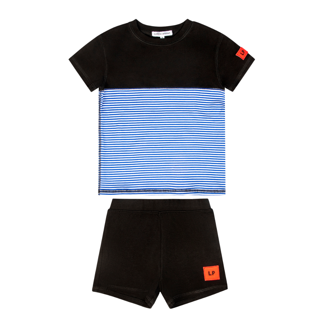 Children's black and blue striped t-shirt with black shorts on a white background