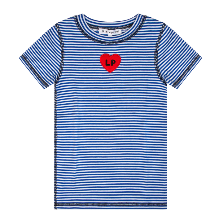 Blue and white striped t-shirt with a red heart logo on a white background