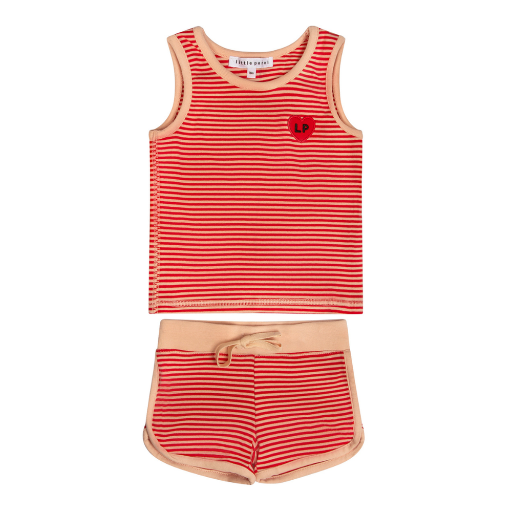 Red and white striped tank top and shorts set on a white background