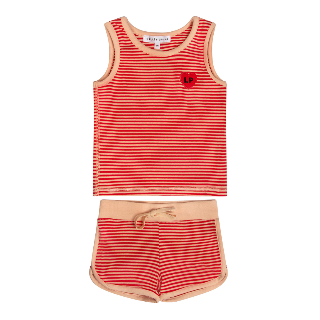 Red and white striped tank top and shorts set on a white background