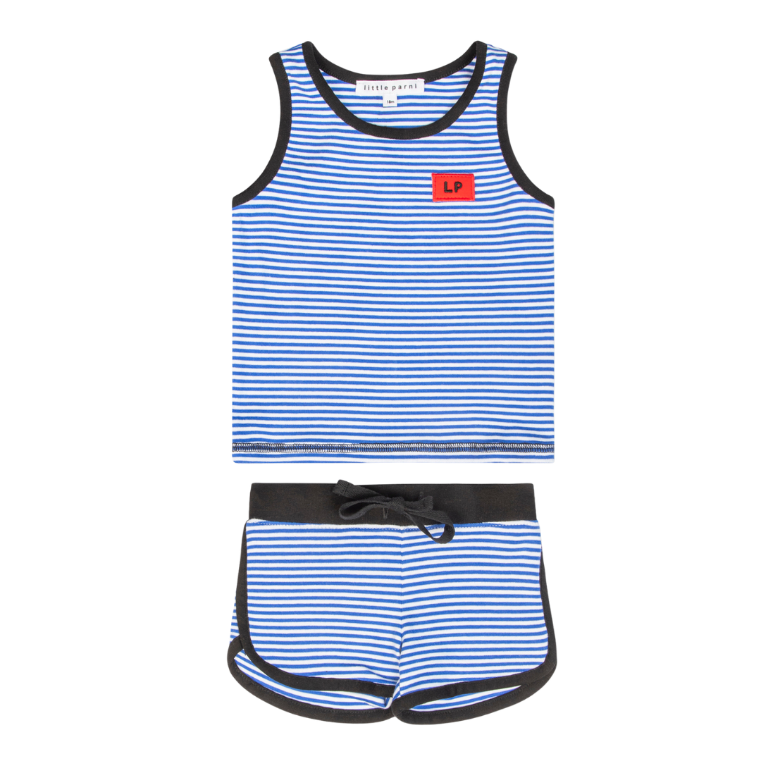 Blue and white striped tank top and shorts set with a red logo on a white background