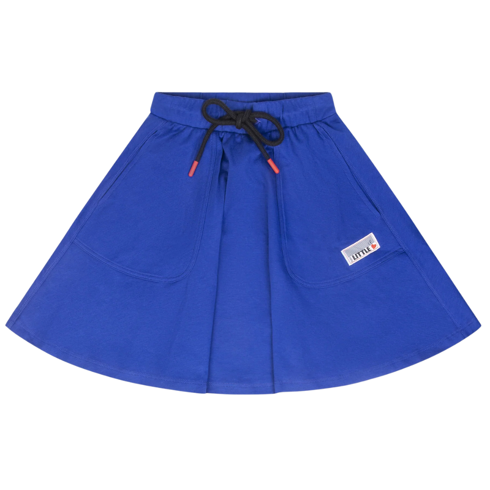 Blue skirt with a drawstring and pockets on a white background