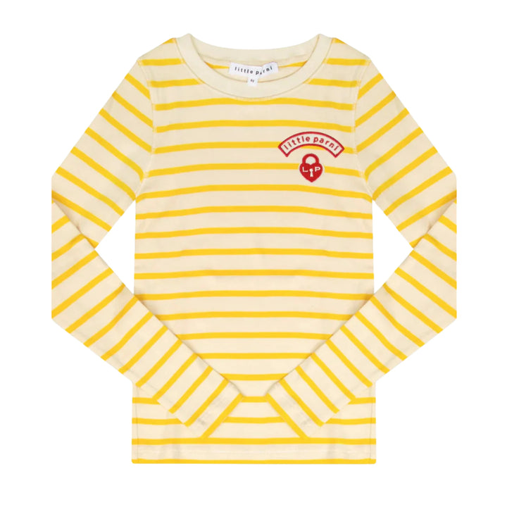 Yellow and white striped long-sleeve shirt with a logo on a white background