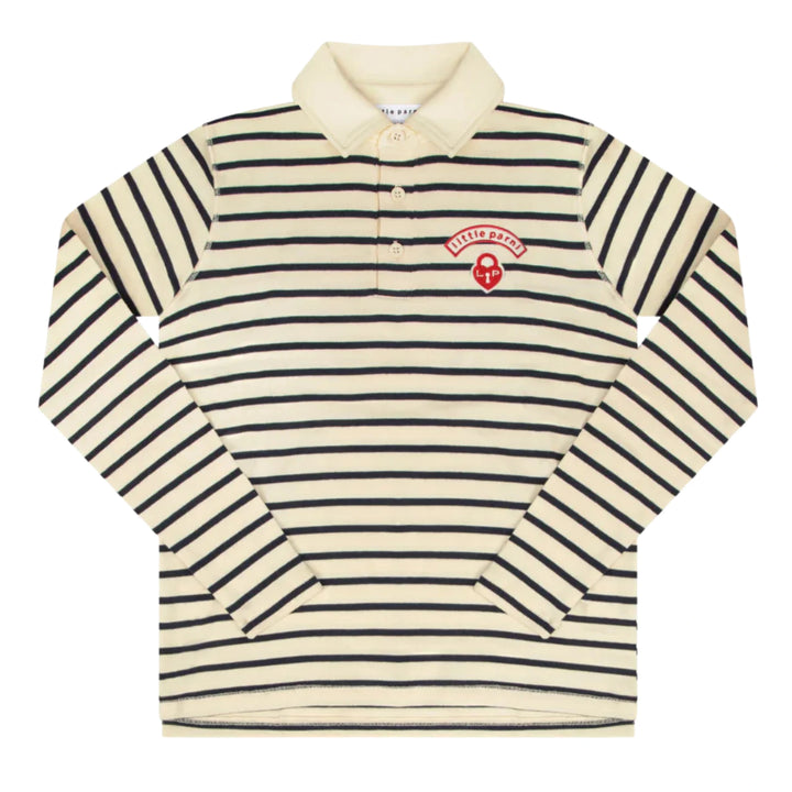 Striped long-sleeve polo shirt with a logo on a white background