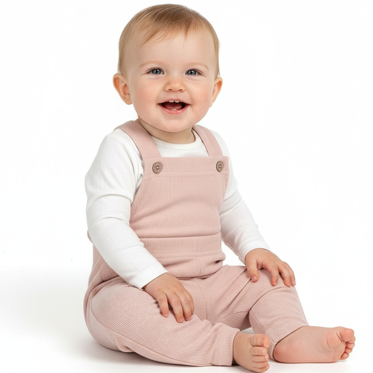 Baby wearing pink overalls and a white shirt on a white background