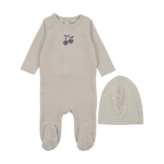 Mema Knits Ice Blue Embroidered Cherry Footie + Beanie