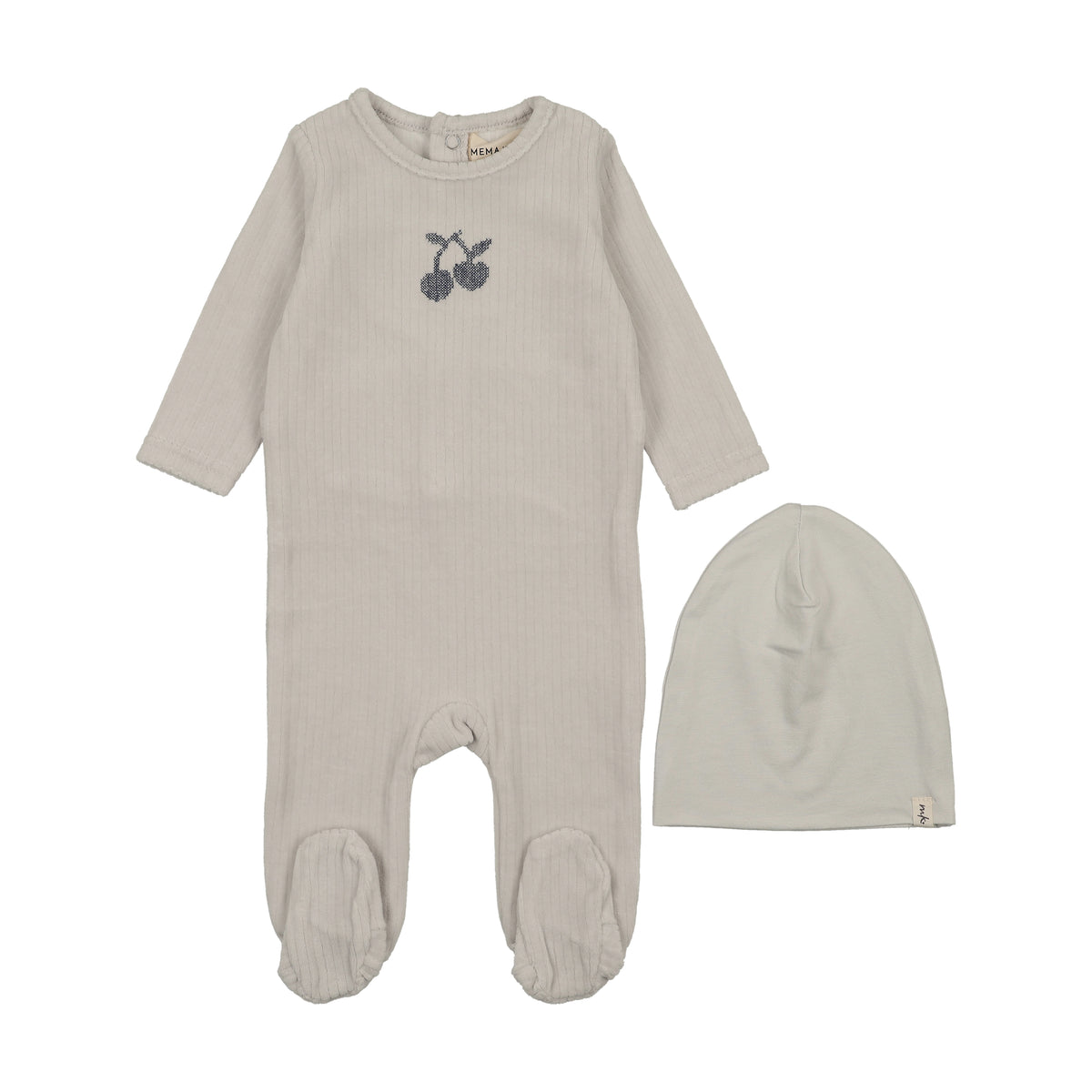 Mema Knits Ice Blue Embroidered Cherry Footie + Beanie