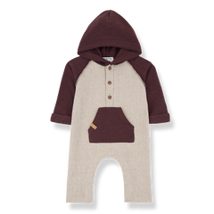 Baby romper with maroon sleeves and hood on a white background