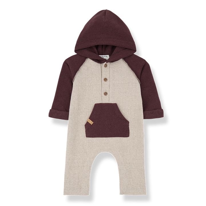 Baby romper with maroon sleeves and hood on a white background