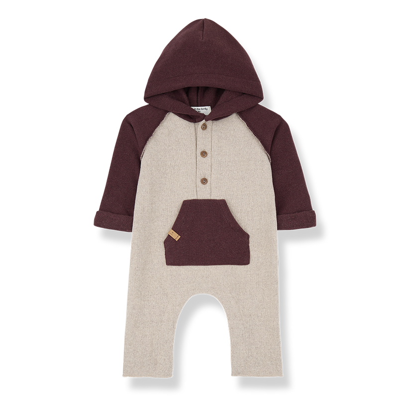 Baby romper with maroon sleeves and hood on a white background