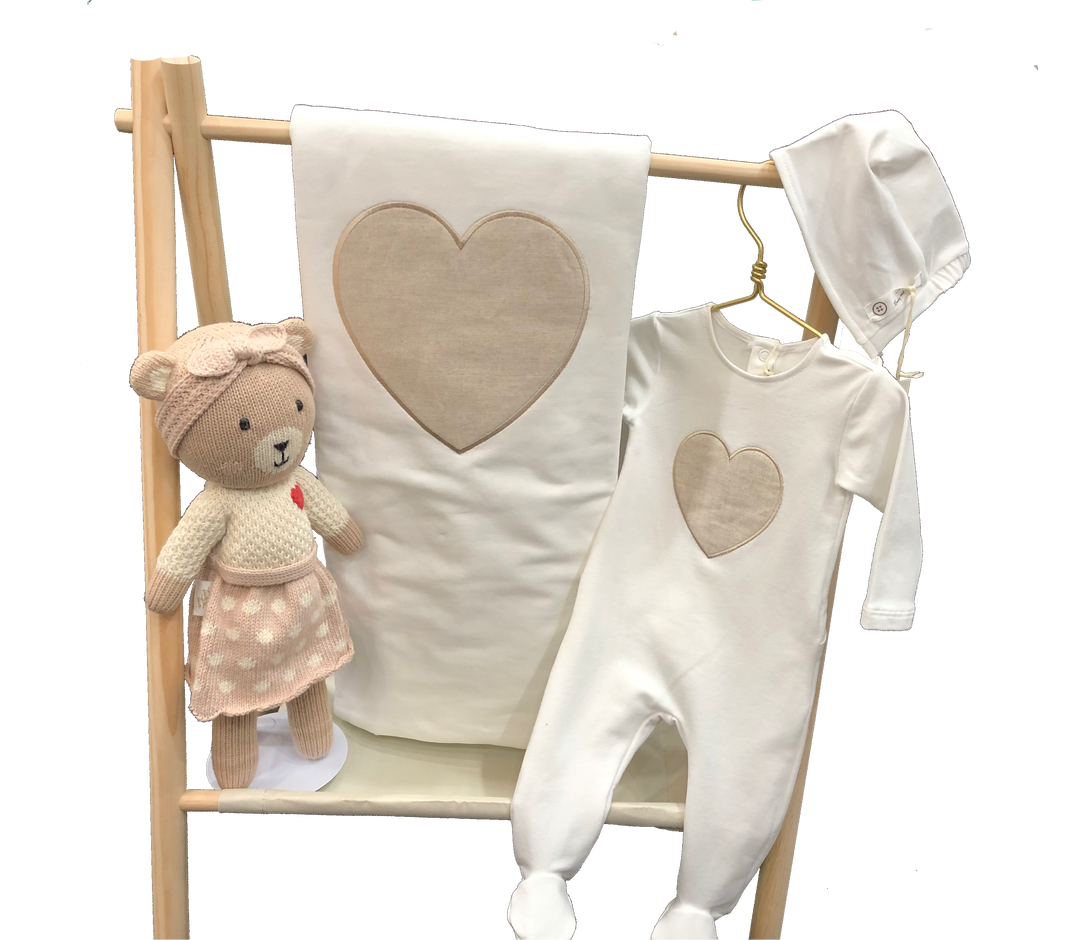 Heart-Themed Baby Gift Set with Footie, Blanket, Bonnet & Plush Bear