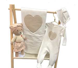 Heart-Themed Baby Gift Set with Footie, Blanket, Bonnet & Plush Bear