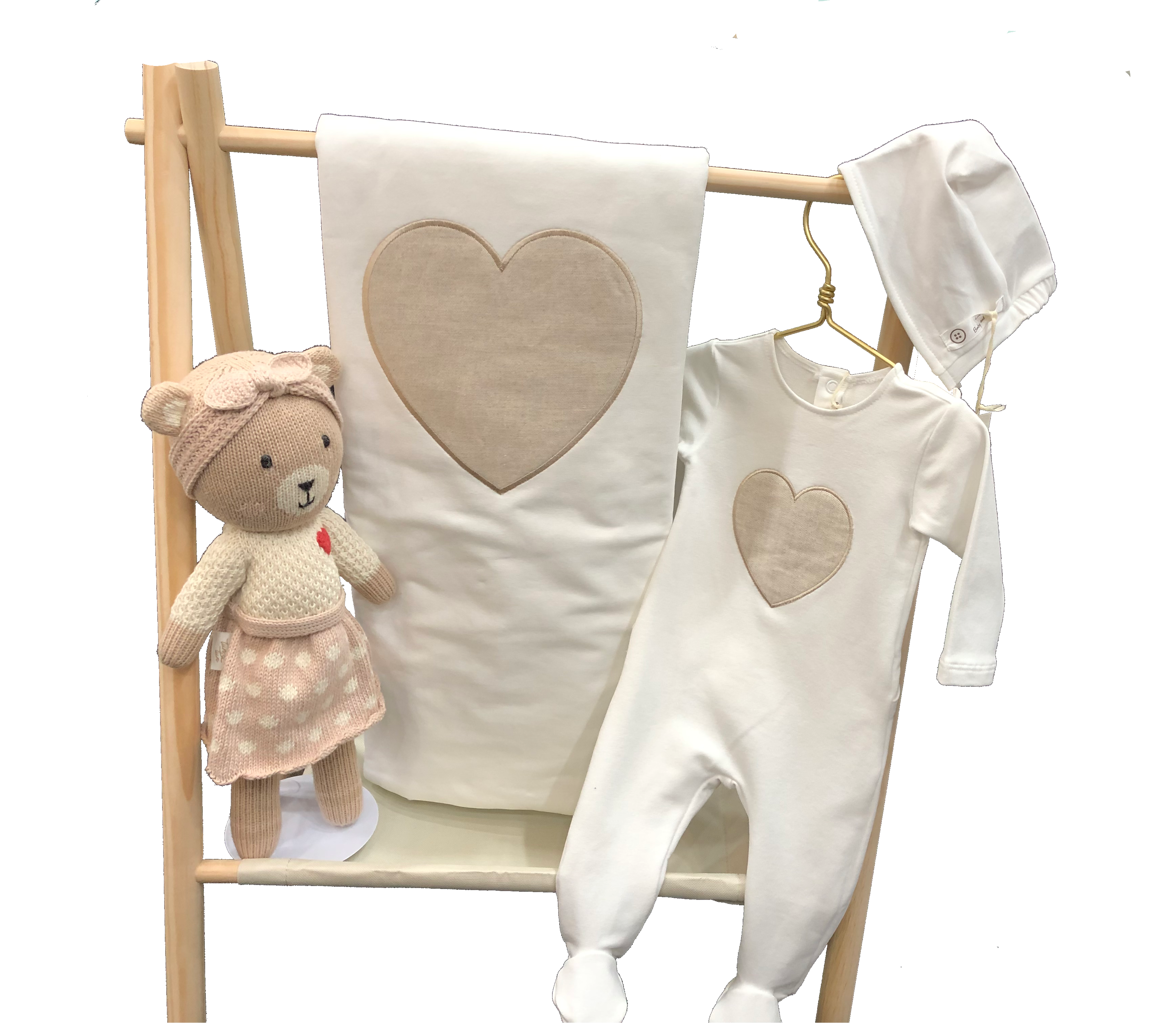 Heart-Themed Baby Gift Set with Footie, Blanket, Bonnet & Plush Bear