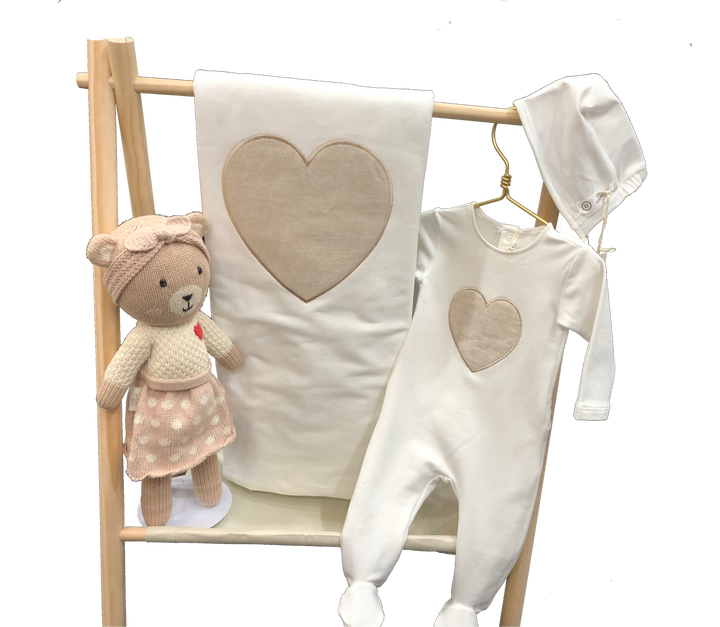 Heart-Themed Baby Gift Set with Footie, Blanket, Bonnet & Plush Bear