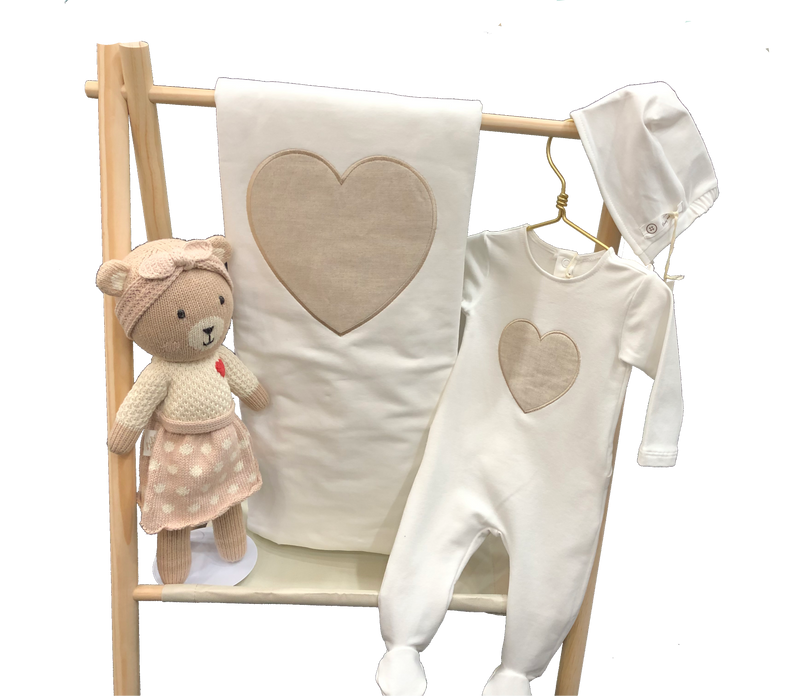 Heart-Themed Baby Gift Set with Footie, Blanket, Bonnet & Plush Bear