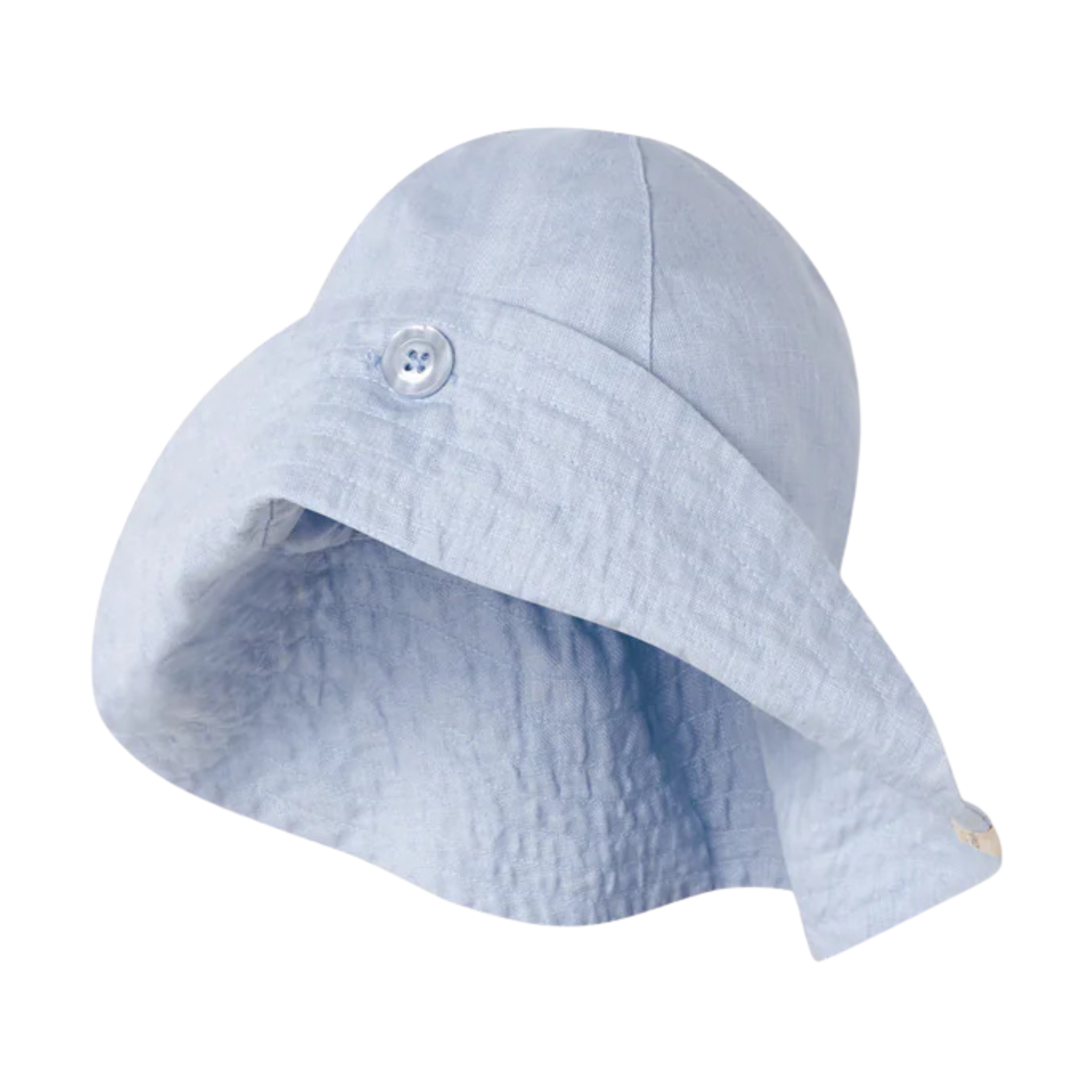 Light blue bucket hat with a button on a white background