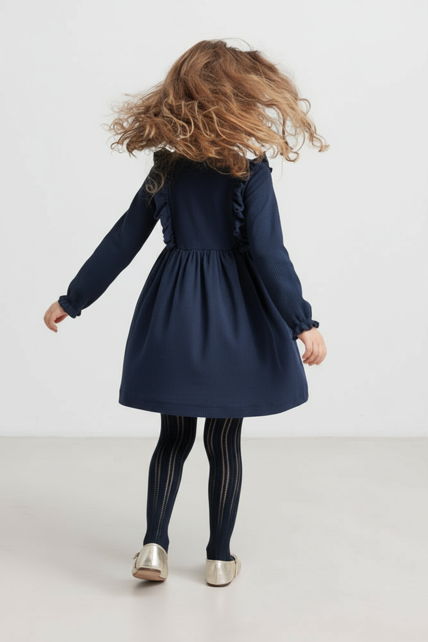 Marmar Girls' Long Sleeve Ruffle Dress | Soft Ribbed Organic Cotton & Modal Dress