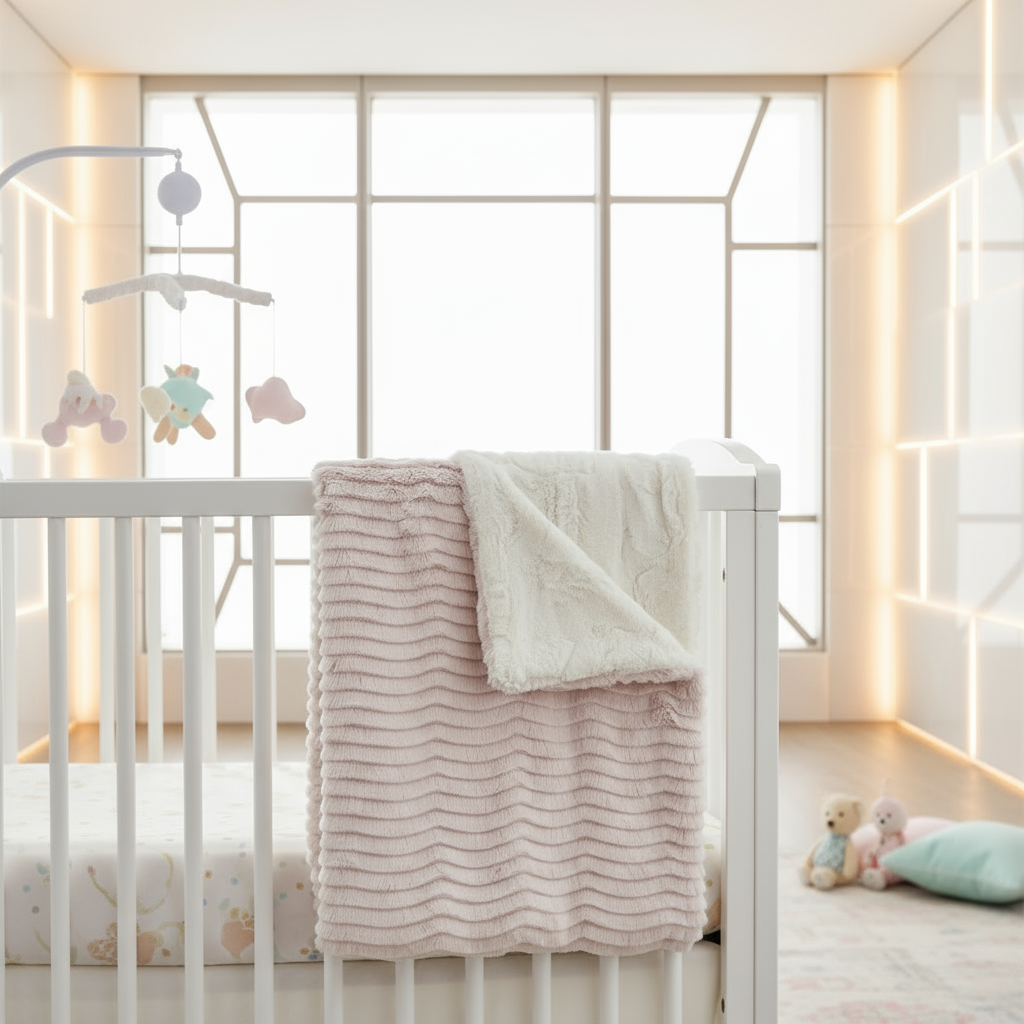 Baby crib with pink textured blanket in a nursery setting