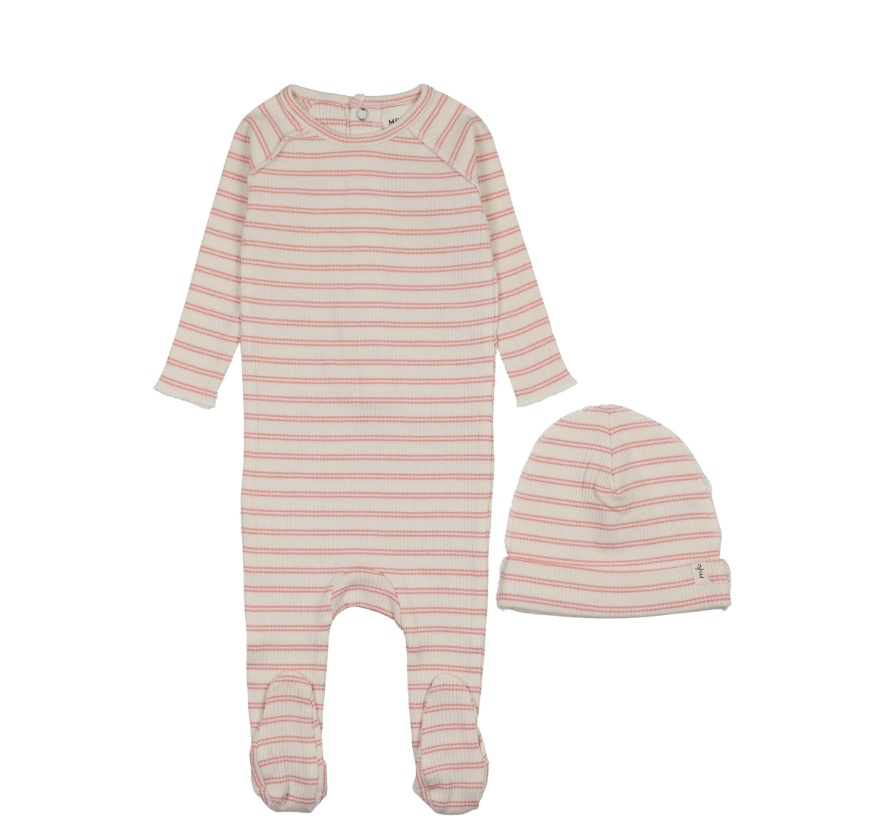 Mema Knits rib stripe footie and beanie set