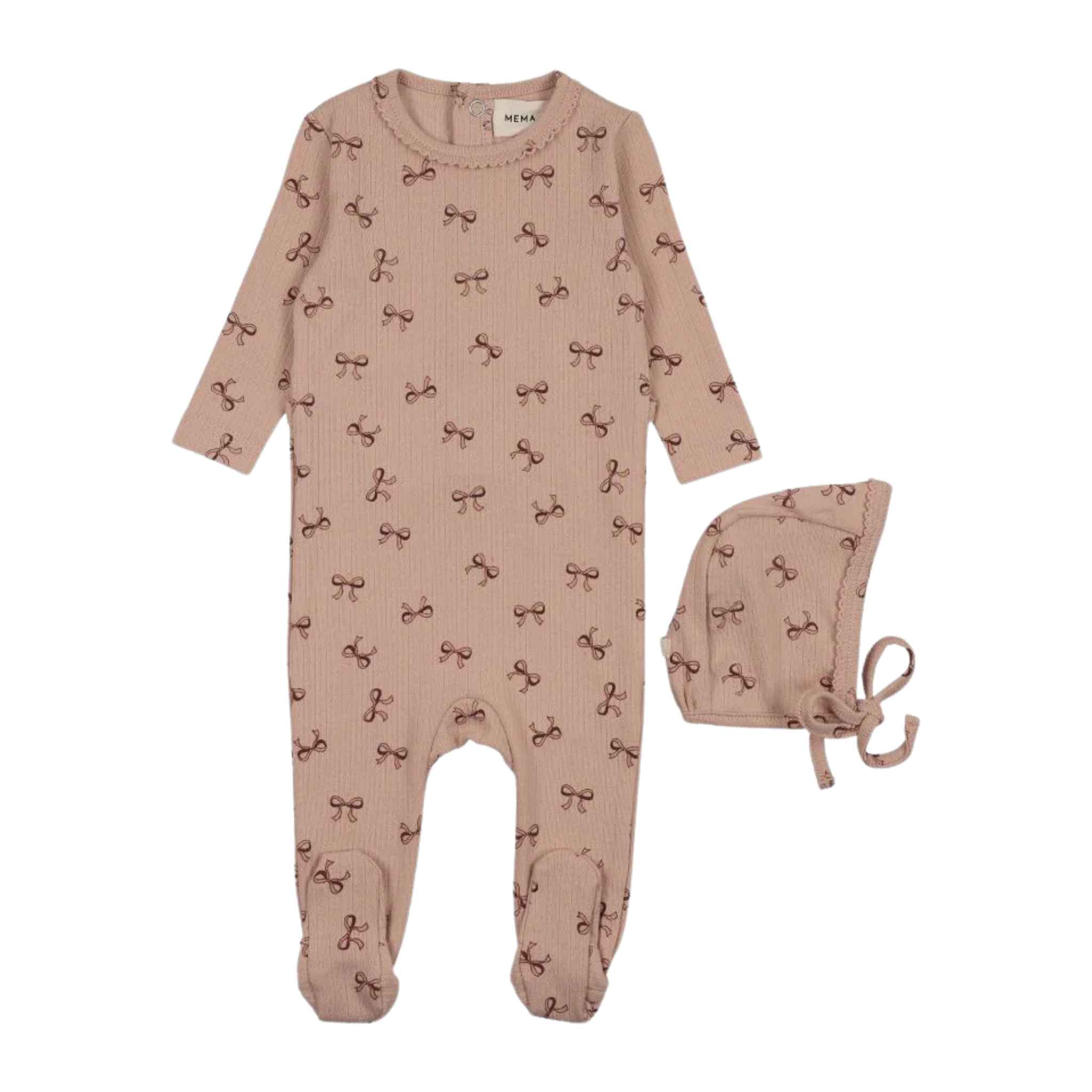 Baby onesie and hat set with bow pattern on a white background