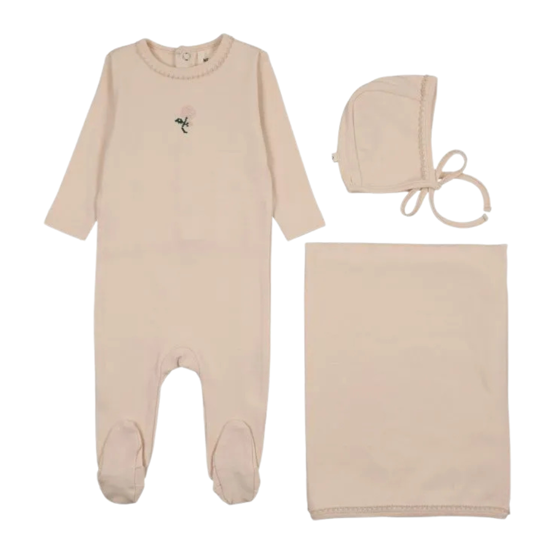 Gray baby onesie with feet, bonnet, and blanket on a white background