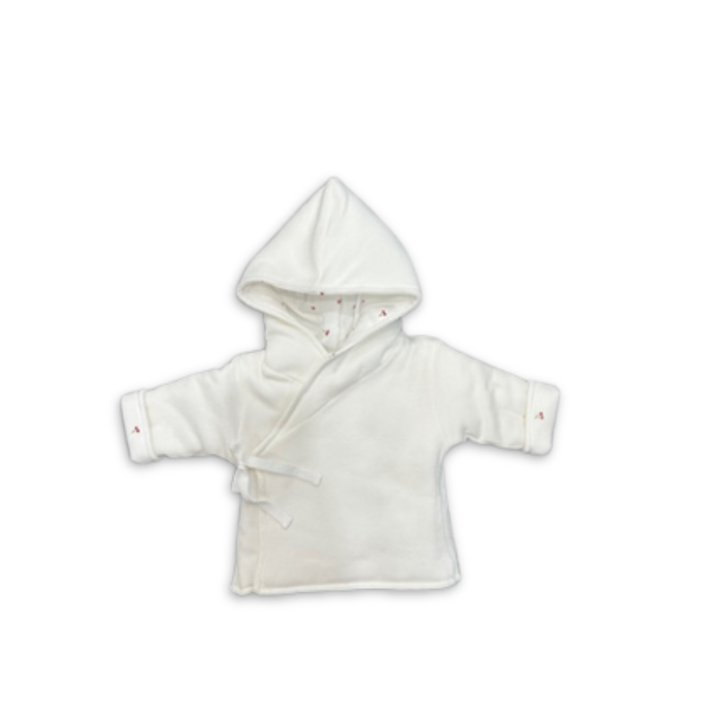 Cotton Pompom Mini Cherries kids jacket in soft cotton, lightweight girls jacket with mini cherry print design