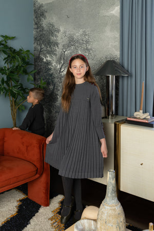 Girls Dark Grey Pleated Button Dress by Nou Nelle – Cotton Midi