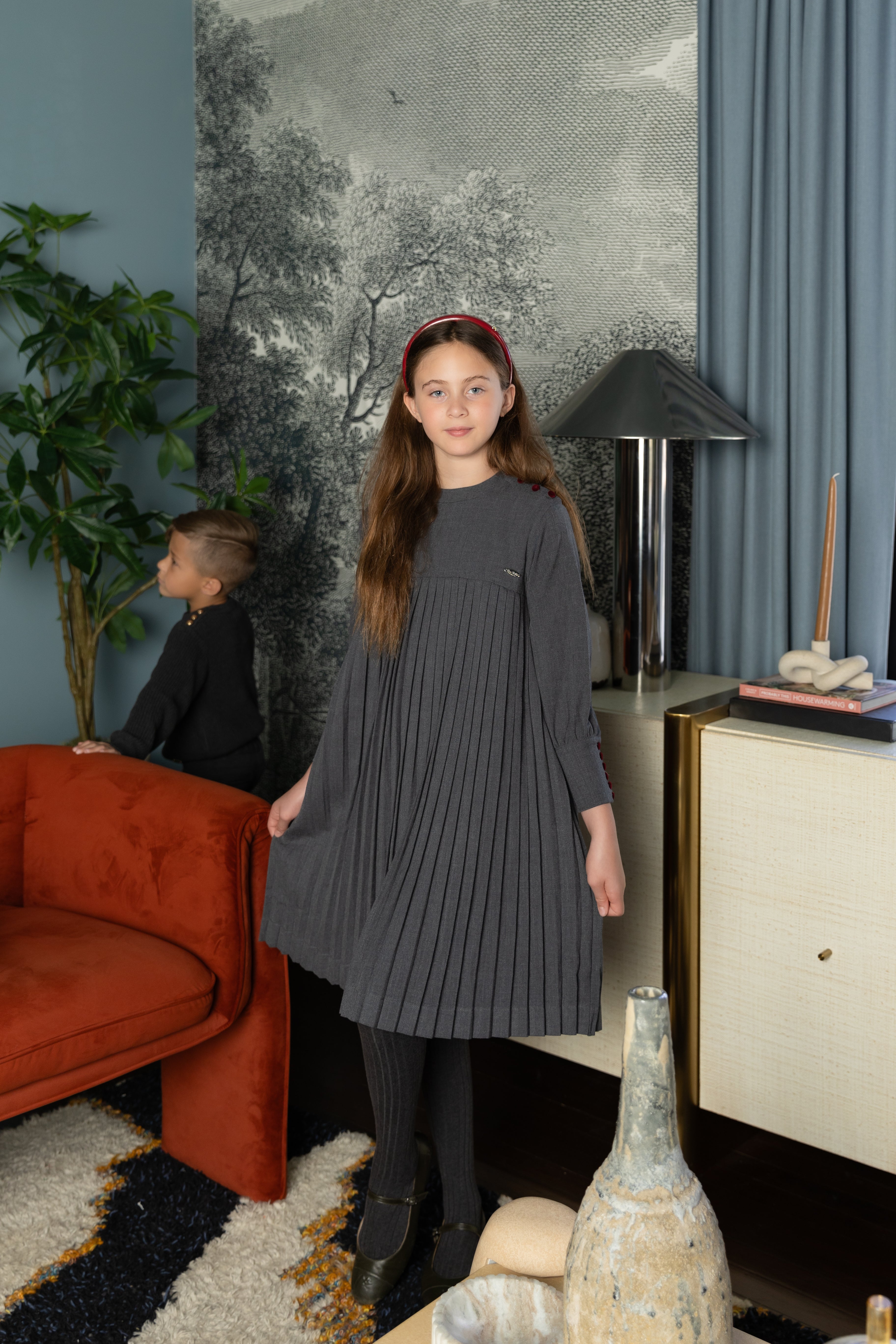 Girls Dark Grey Pleated Button Dress by Nou Nelle – Cotton Midi