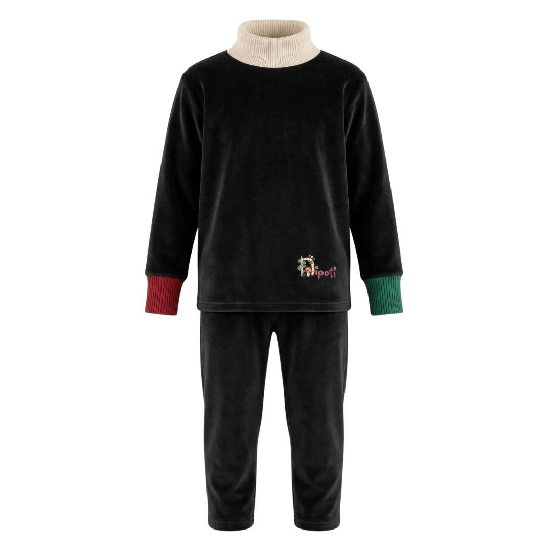 Black pajama set with a white turtleneck shirt on a white background