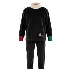 Black pajama set with a white turtleneck shirt on a white background