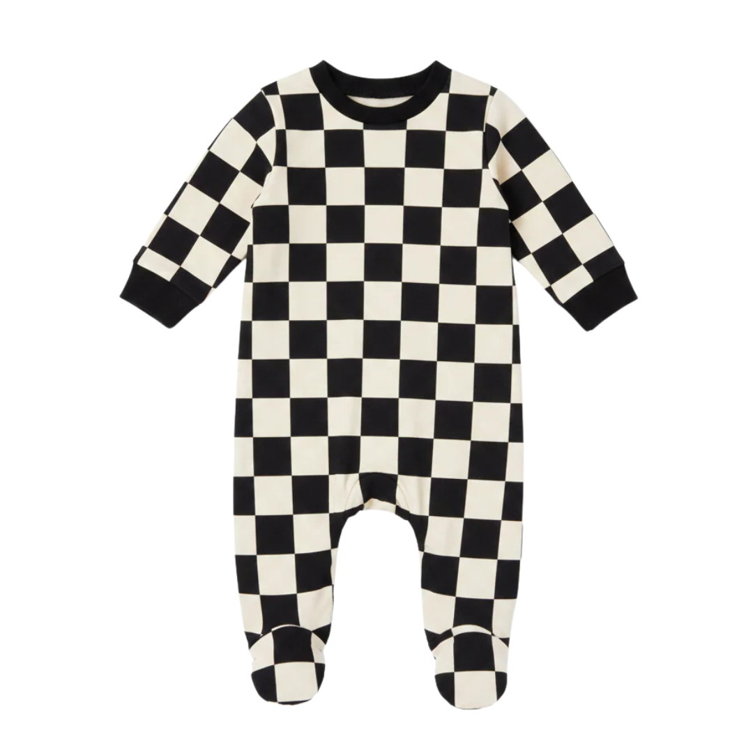 Black and white checkered baby onesie on a white background