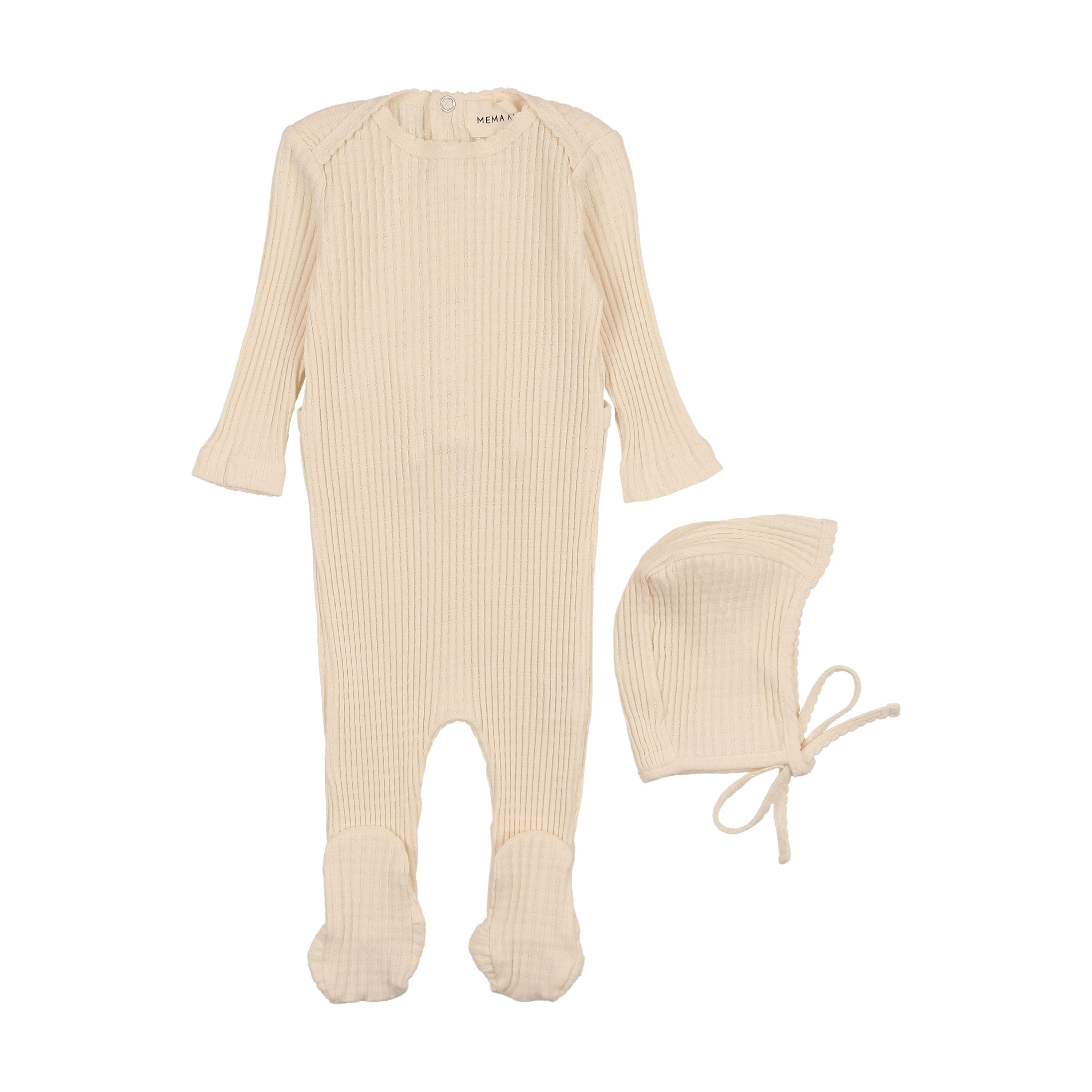 Mema Knits Cream Picot Edge Textured Footie + Bonnet