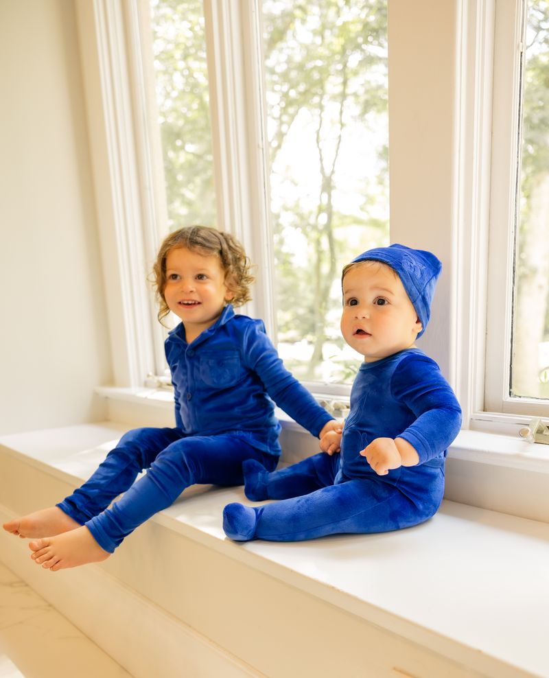 Little Label Blue Velour Embroidered Footie + Hat