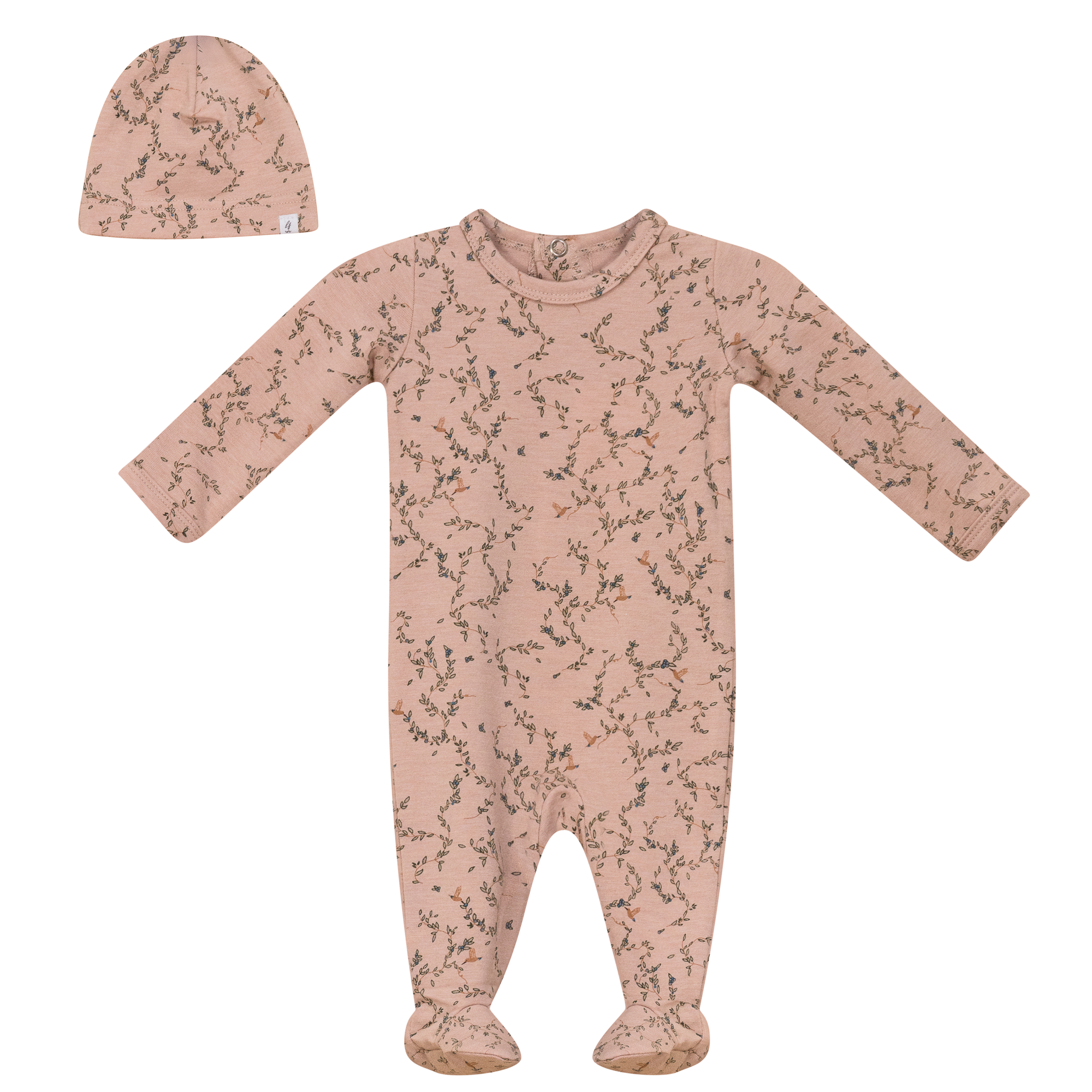 Little Fragile Light Maple Modal Leaves Birds Print Footie Set
