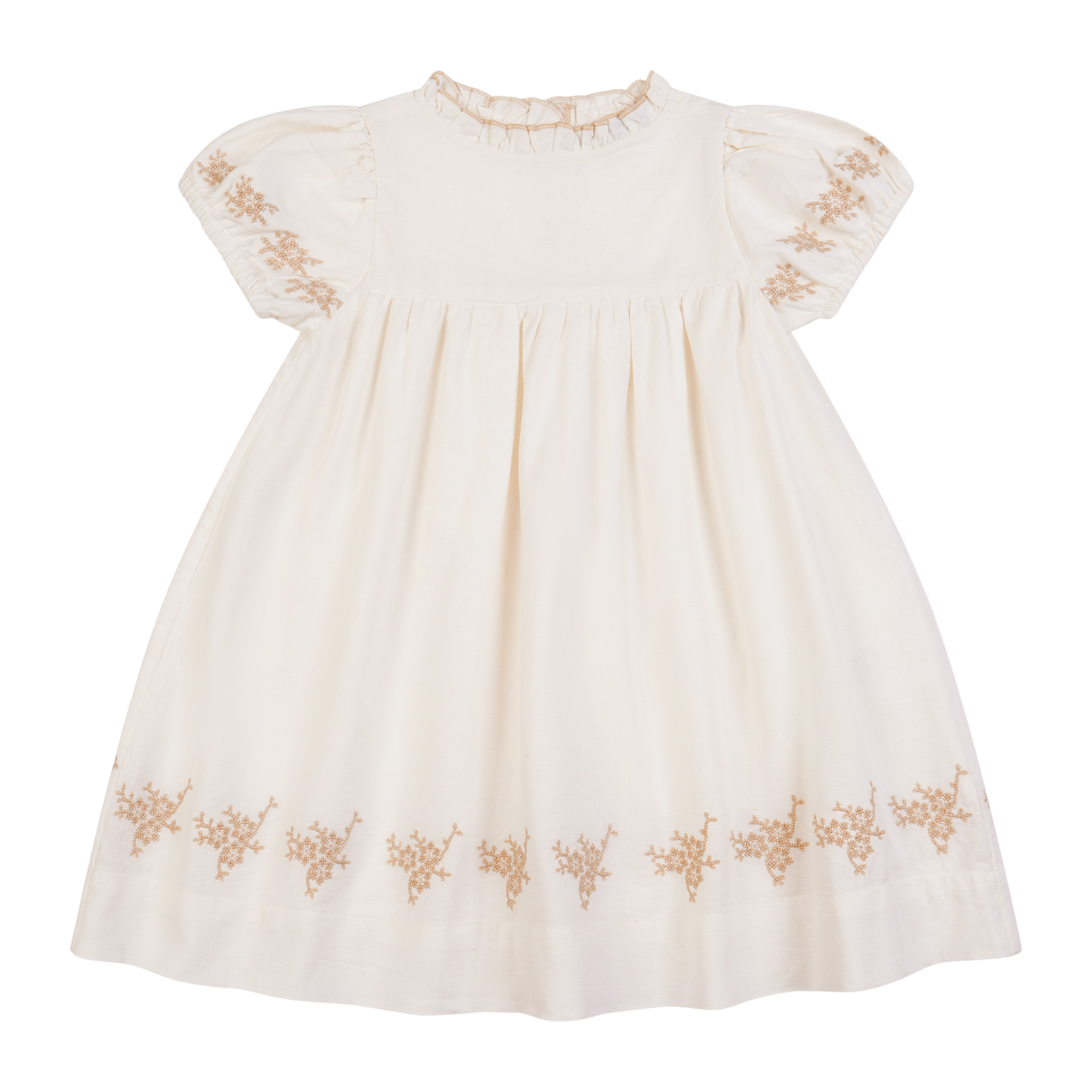 White dress with gold embroidery on a white background