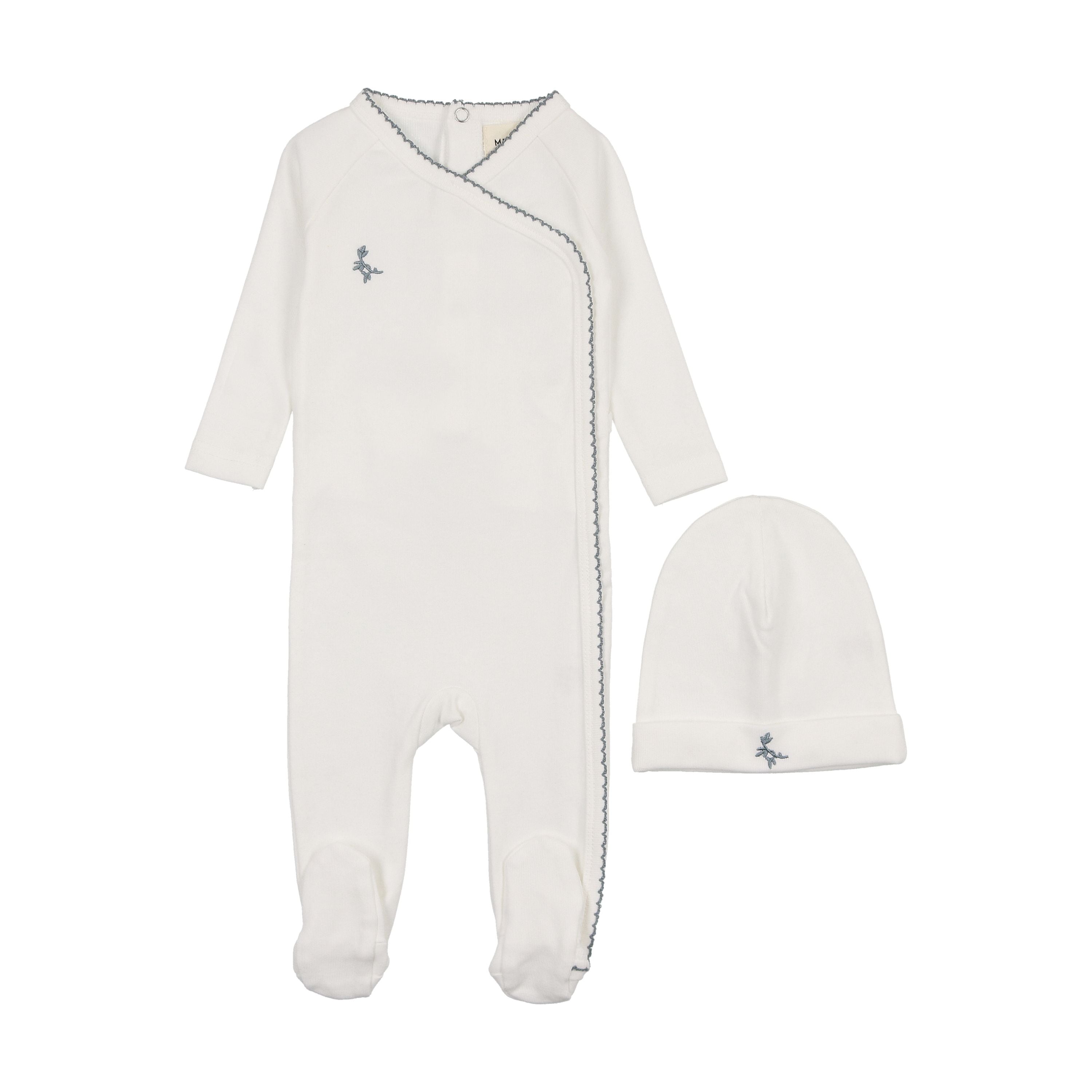 Mema Knits Blue Embroidered Picot Edge Footie + Beanie