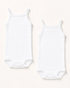 Two white sleeveless baby bodysuits, one smaller and one larger, laid flat on a light cream background.