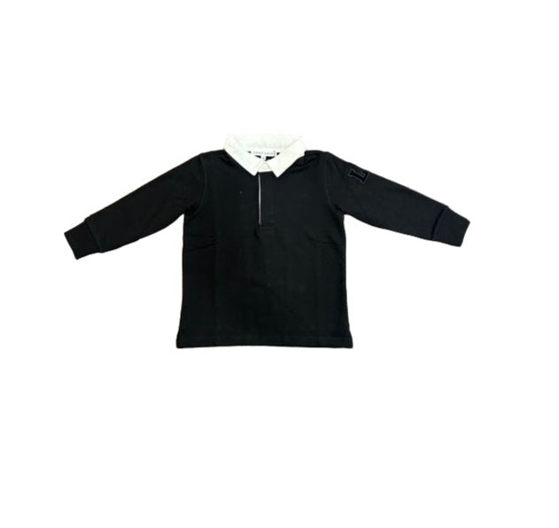 Black long-sleeve shirt with a white collar on a white background