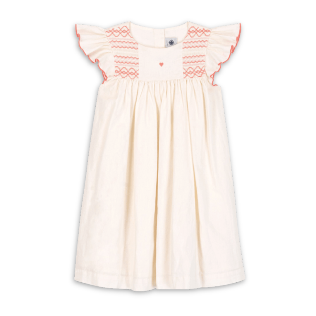 Petit Bateau Girl Short Sleeve Dress Smocking Detail Soft Cotton Girls Dress Smocked Design