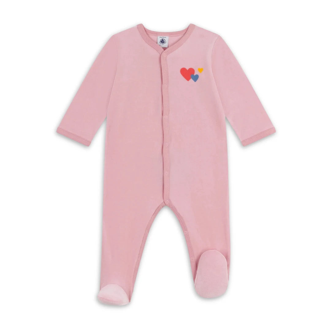 Petit Bateau Pink Graphic Velour Front Snap Footie Soft Velour Baby Footed Onesie Graphic Print Design
