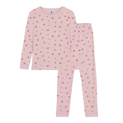 Pink children's pajama set with small floral pattern on a white background
