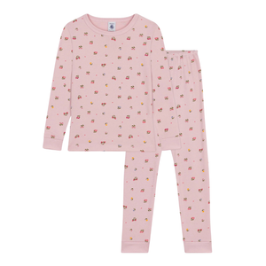 Pink children's pajama set with small floral pattern on a white background